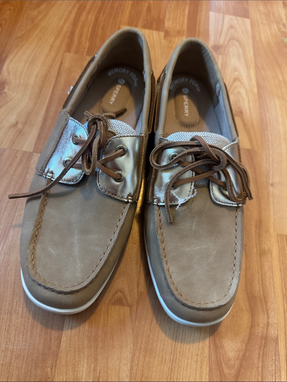 9.5 women’s sperry top/sider whale fish 2 eye gold linen leather boat shoes lace